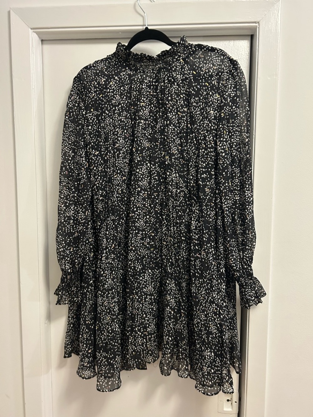 Maje Black and White Dotted Long Sleeve Tunic Dress